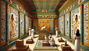 Digital artwork showcasing the importance of cat health and regular litter replacement in Egyptian Ptolemaic Period style, featuring a regal cat and caretaker in a decorated room with hieroglyphics.