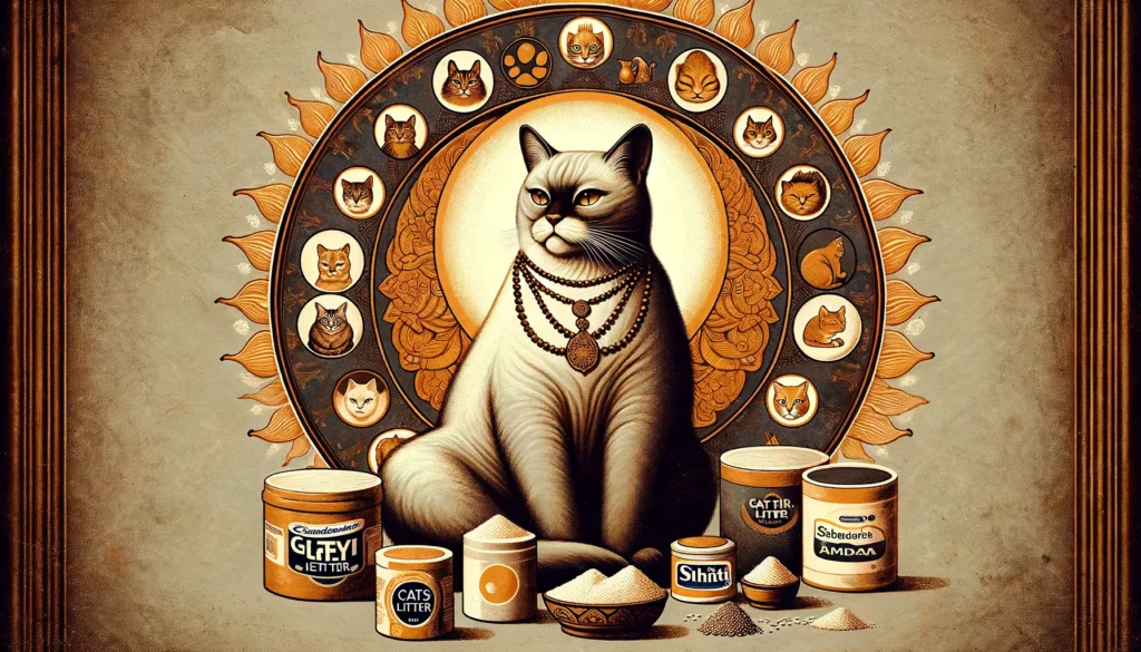 Contemplative cat with different litter types in Classical Indian setting