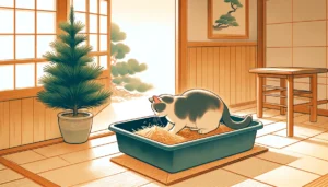 Cat examining pine shavings in a litter box in Japanese Nihonga art style.