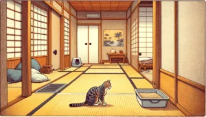 Cat searching for moved litter box in Japanese setting.
