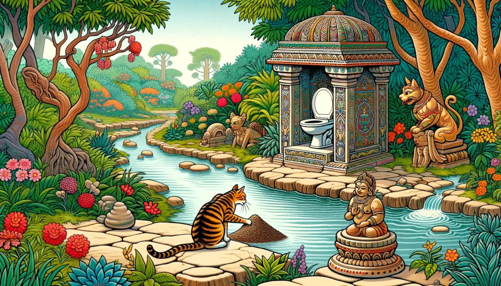 A cat exploring flushable cat litter near an ornate toilet in a classical Hindu-Buddhist art style garden.