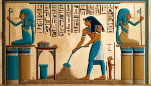 Ancient Egyptian scene of vacuuming cat litter with a papyrus reed.