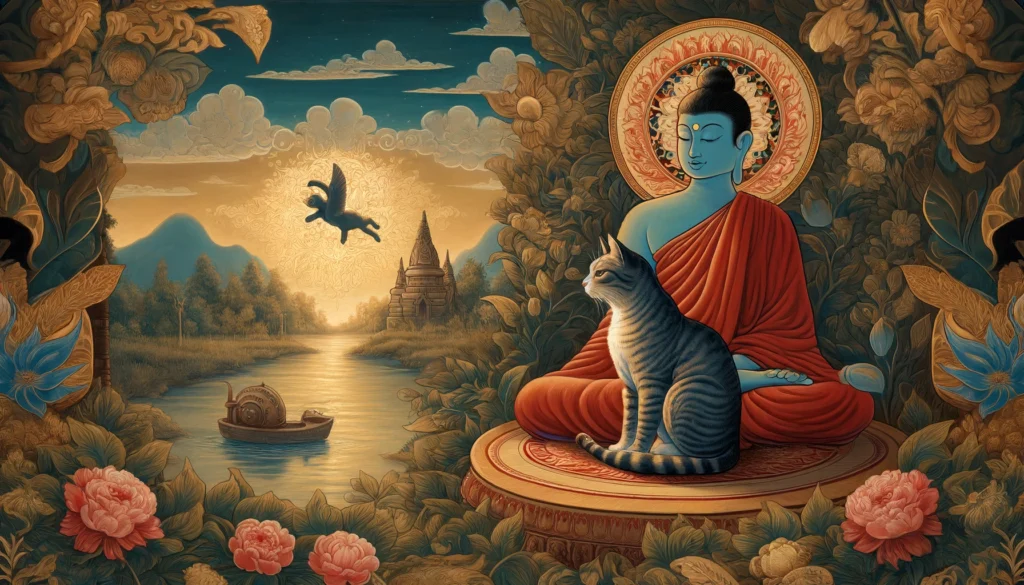 A serene Classical Hindu-Buddhist art scene with a cat showing avoidance behavior.