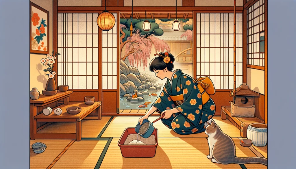 In a traditional Japanese home, a person in a kimono changes the cat litter, watched by their cat, with a koi pond and cherry blossoms nearby.