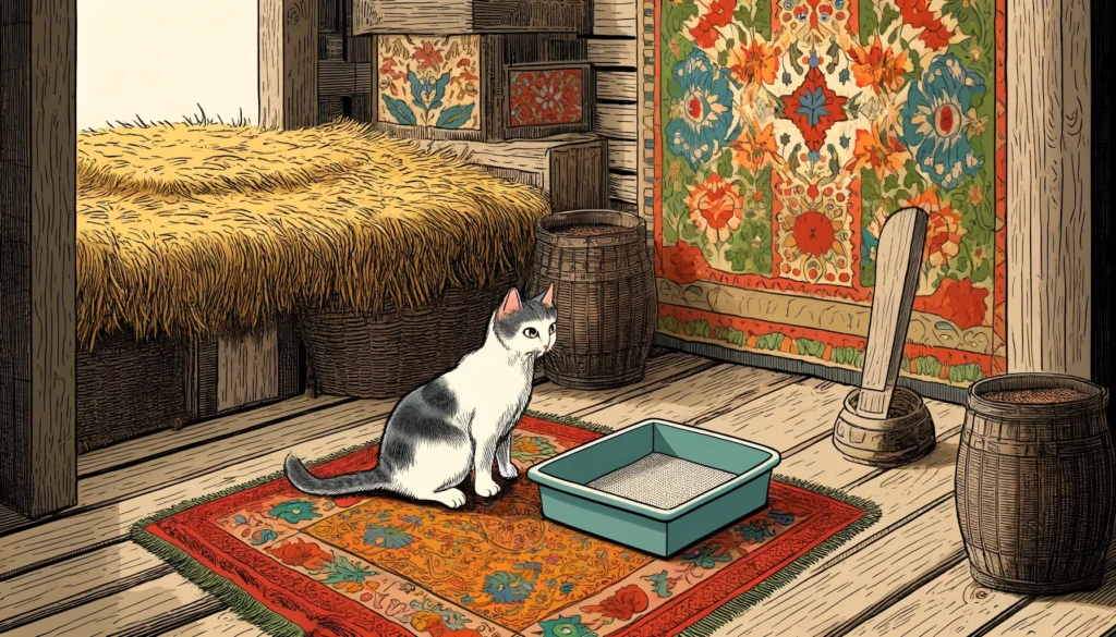 Barn cat contemplating a litter box in an Ottoman art style barn.