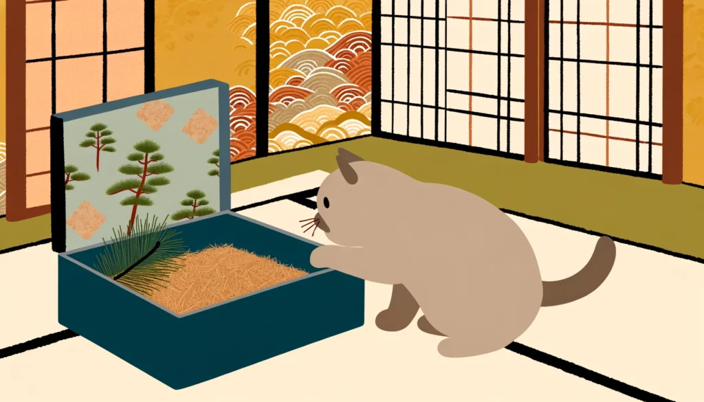 Curious cat sniffing pine shavings in a traditional Japanese setting.