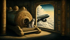 Cat calmly sits by airplane window in Hindu-Buddhist art.