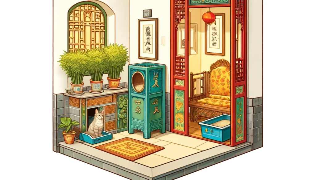 Ming Dynasty-style cartoon showing cat litter placement in an apartment.