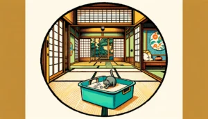 Cartoon cat investigating litter depth in a Japanese Nihonga style interior.