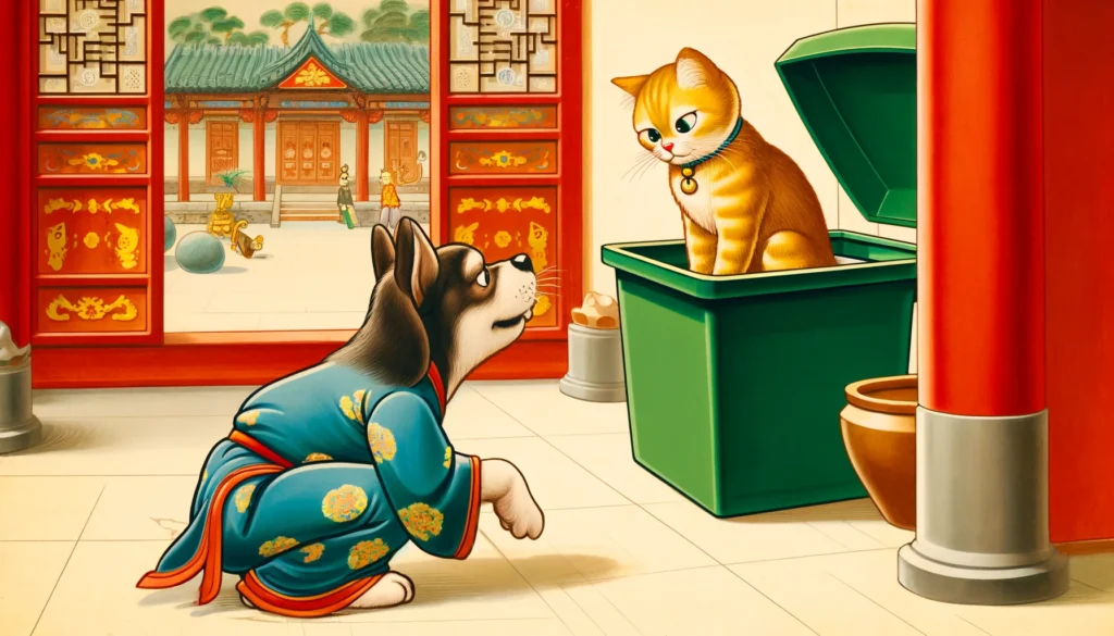 Cartoon depiction showing how to keep dogs out of cat litter boxes, set in a Ming Dynasty-style scene.