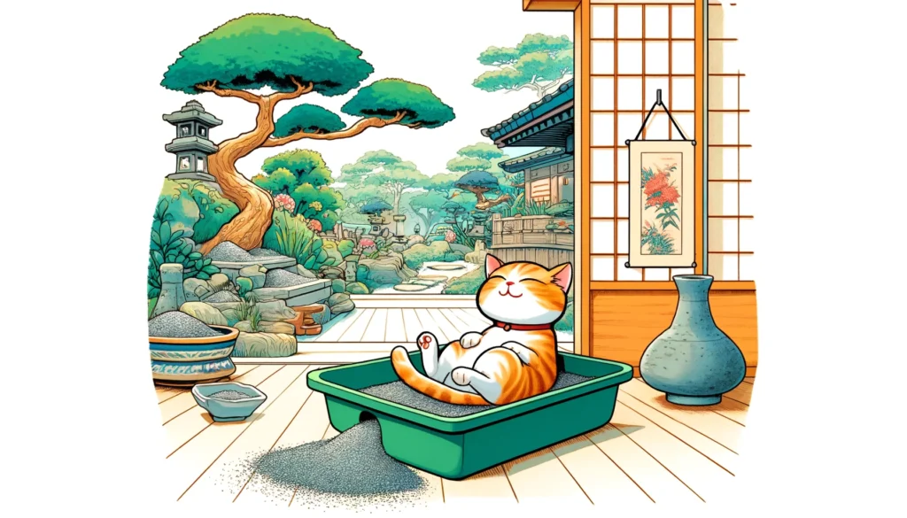 Cat contentedly lounging in litter box, surrounded by Japanese Nihonga elements.