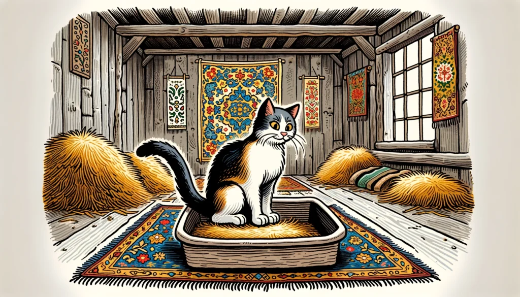 Barn cat in an Ottoman art style barn, considering a litter box.