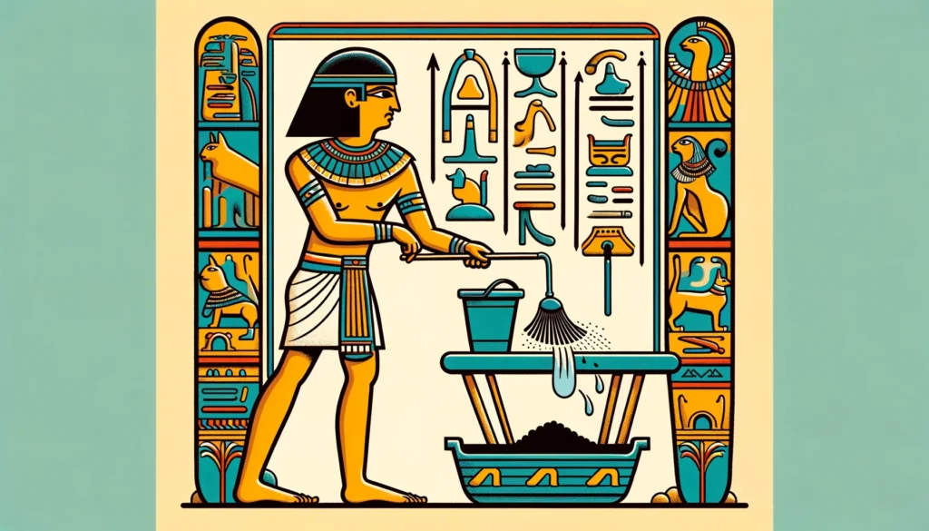 An Egyptian figure cleans a cat litter scoop in a Ptolemaic art style.