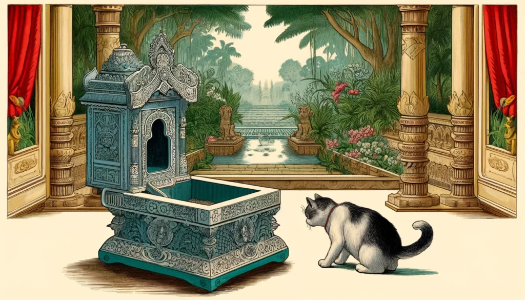 A curious cat investigates a lavishly designed litter box in a serene Hindu-Buddhist garden.