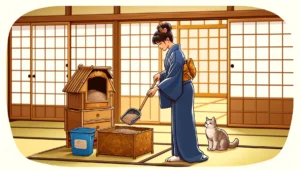 A person in a kimono changing cat litter in a traditional Japanese setting, with a curious cat observing.