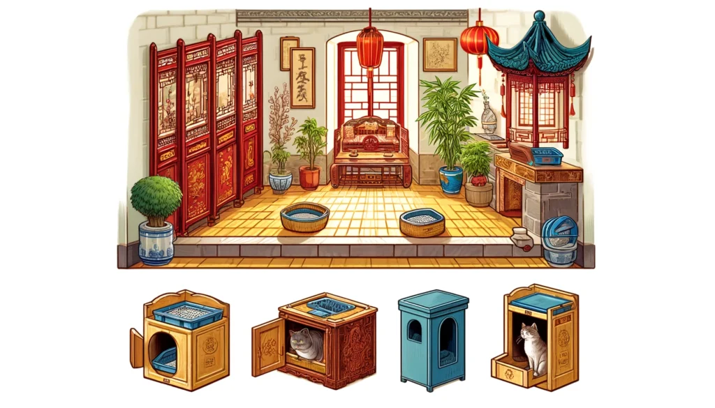 Cartoon depicting where to put cat litter in an apartment styled in Ming Dynasty decor.