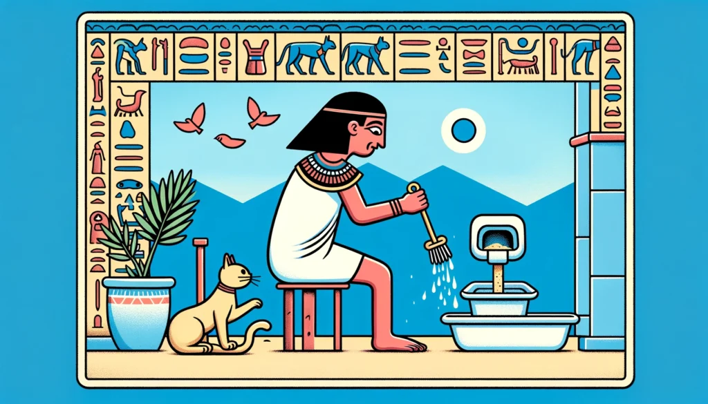 An Egyptian figure cleans a cat litter scoop in a Ptolemaic art style.