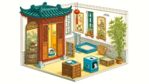 Cartoon showing where to put cat litter in a traditional apartment with Ming Dynasty style decor.