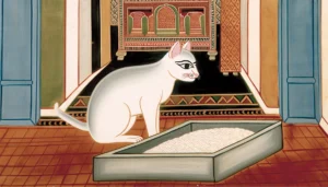Cat inspecting rice in a litter box in a classical Indian setting.