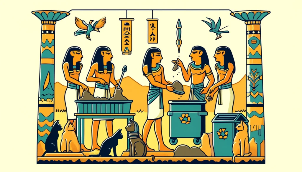 Ancient Egyptians depicted in Ptolemaic art style composting cat litter.