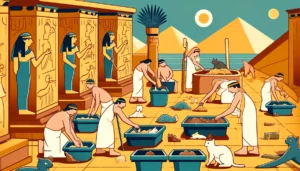 Ancient Egyptian figures composting cat litter in a cartoon-style Ptolemaic art scene.