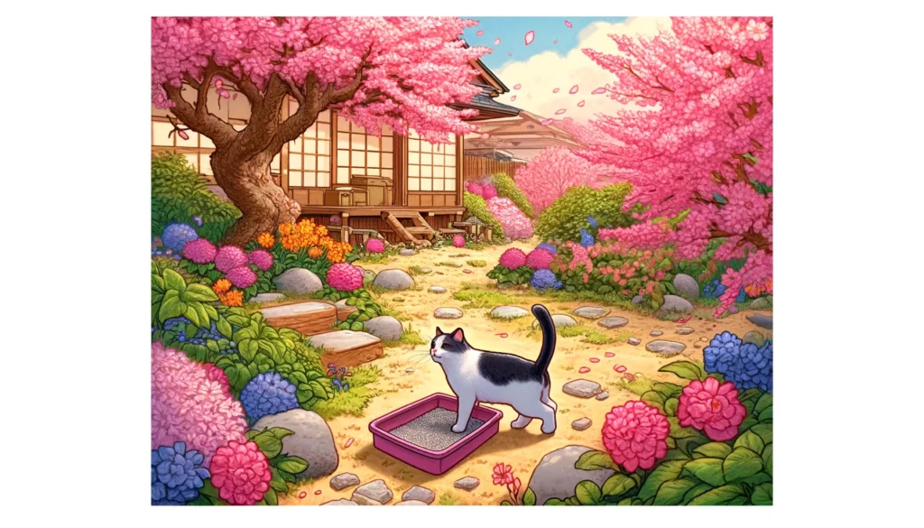 Cat exploring garden for relocated litter box amidst spring cherry blossoms.