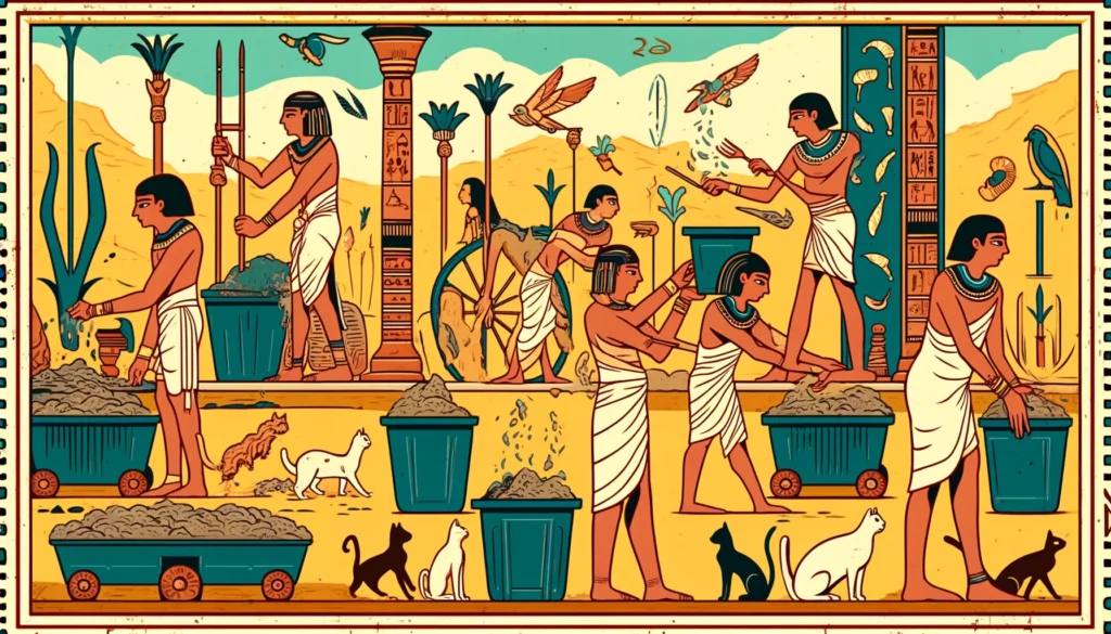 Ancient Egyptians depicted in Ptolemaic art style composting cat litter.
