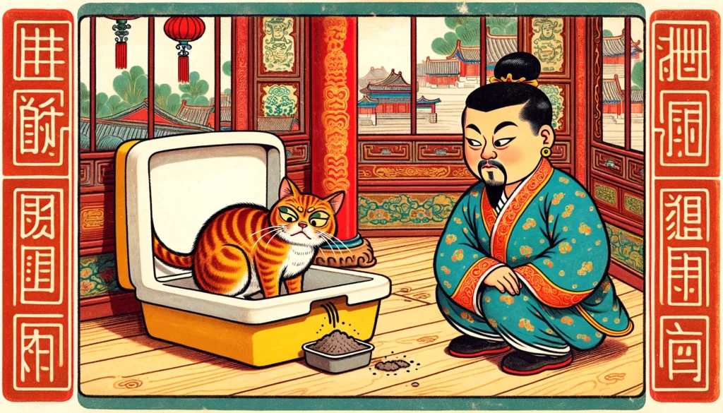 Ming Dynasty-style cartoon showing a cat keeping a dog away from a litter box.