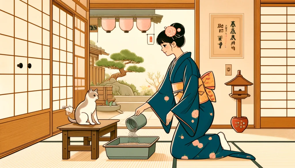 Character in kimono pouring fresh litter into a ceramic box, watched by a playful cat, in a traditional Japanese home.