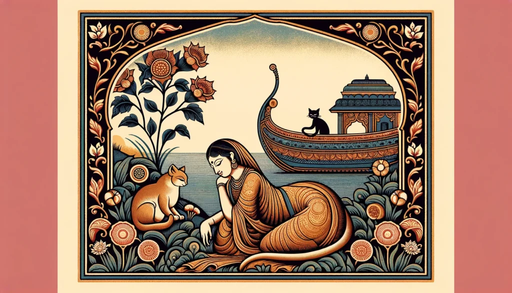 Classical Hindu-Buddhist art scene with a cat avoiding a traditional spot.