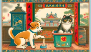 Cartoon depiction of how to keep dogs out of cat litter boxes in a Ming Dynasty-style setting.
