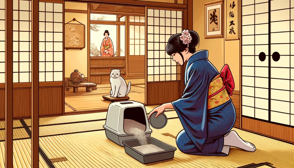 A kimono-clad individual and a cat in a traditional Japanese setting, engaging in the act of changing cat litter.
