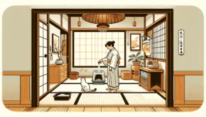 A curious adult cat inspects a litter box in a serene Japanese home, guided by a human figure.
