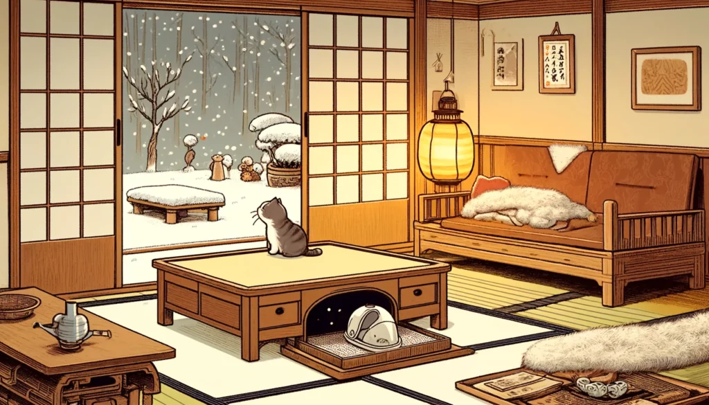 Cat searches for its litter box in a cozy winter Japanese living room.