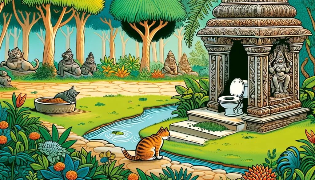 A cat exploring flushable cat litter beside an ornate toilet in a classical Hindu-Buddhist art style garden.