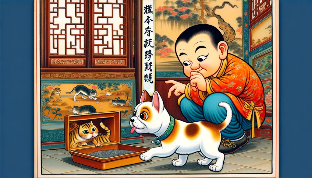 Ming Dynasty-style cartoon showing methods to keep dogs out of cat litter boxes.
