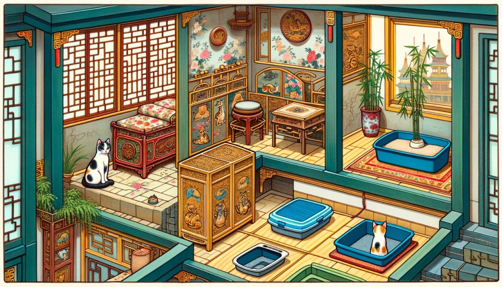 Illustration of various spots to place cat litter in a Ming Dynasty-style apartment.