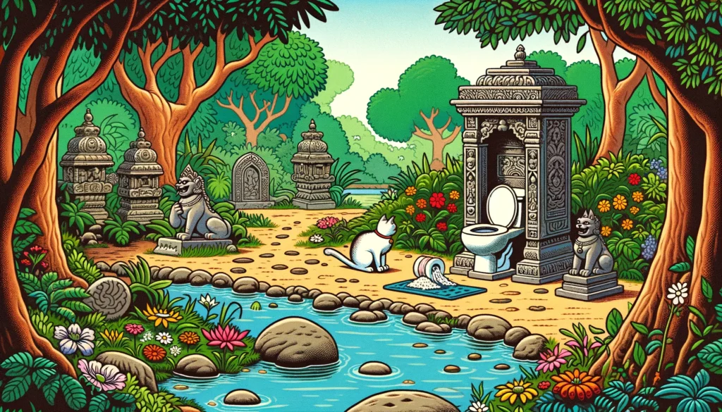 A cat beside flushable cat litter near an ornate toilet in a Classical Hindu-Buddhist art style garden.