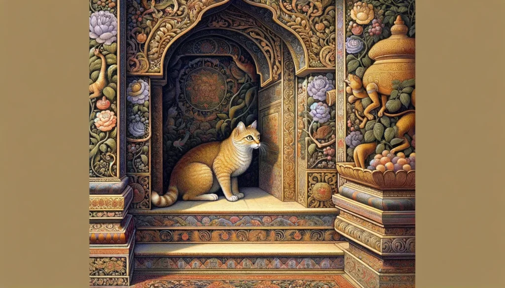 Classical Hindu-Buddhist art depicting a cat cautiously avoiding an area.