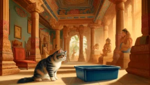 Classical Indian art style scene of a cat examining a litter box.