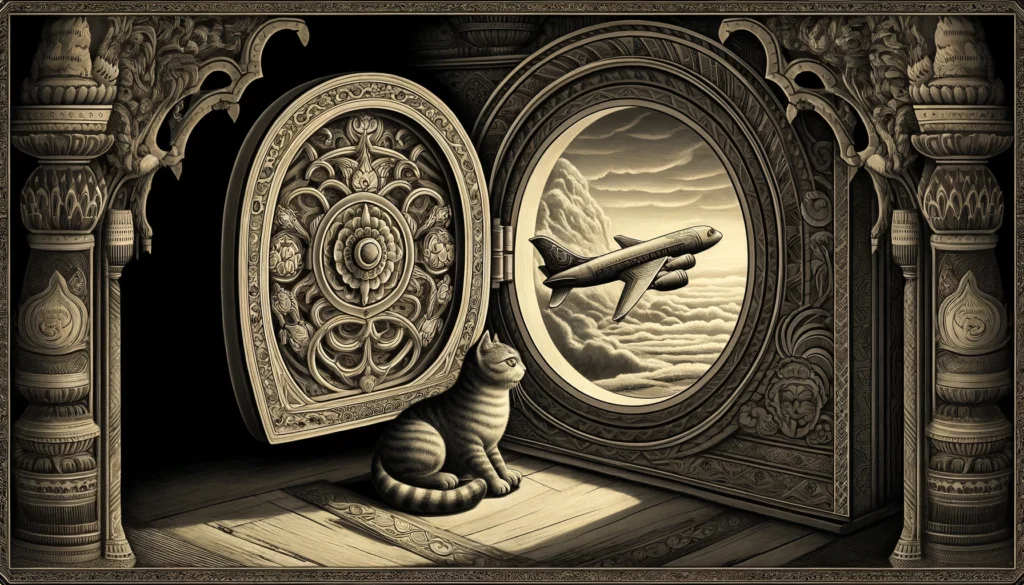 Cat beside airplane window, Hindu-Buddhist art scene.