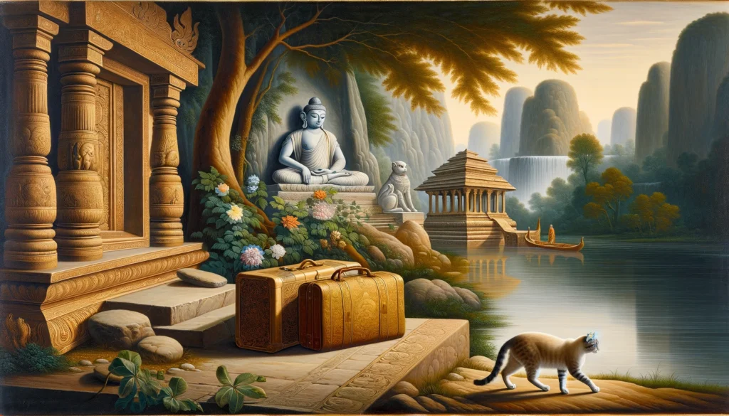 Cat  near luggage in Classical Hindu-Buddhist baggage check in counter. Preparing to get on a plane by using the pet relief area.