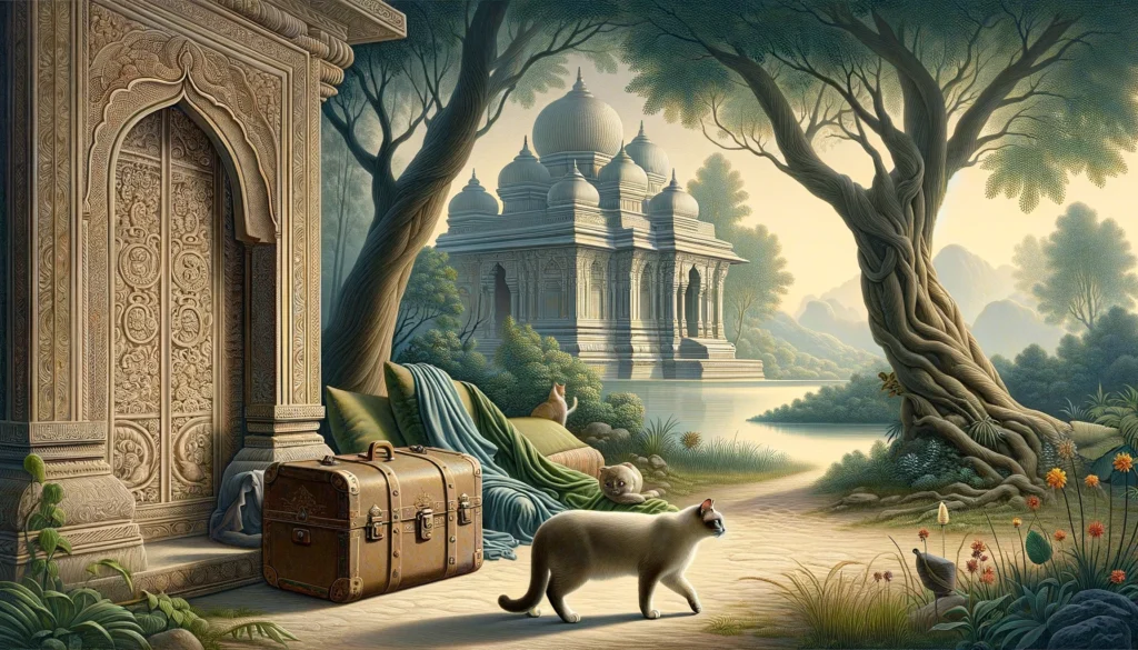 Cat preparing for trip on a plane. Exploring near luggage in a Classical Hindu-Buddhist art setting.