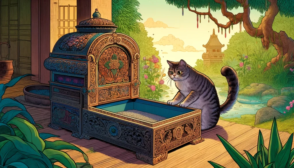 A curious cat examines a lavishly designed litter box in a serene Hindu-Buddhist garden.