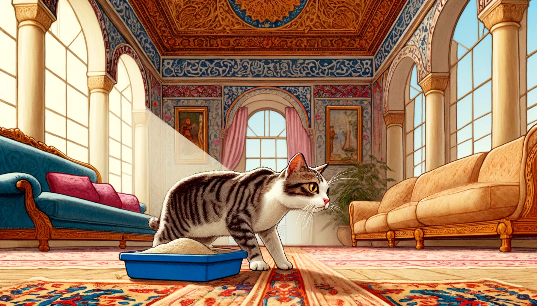 Cartoon depiction of a cat detecting the scent of its litter box from afar in an Ottoman art styled room.