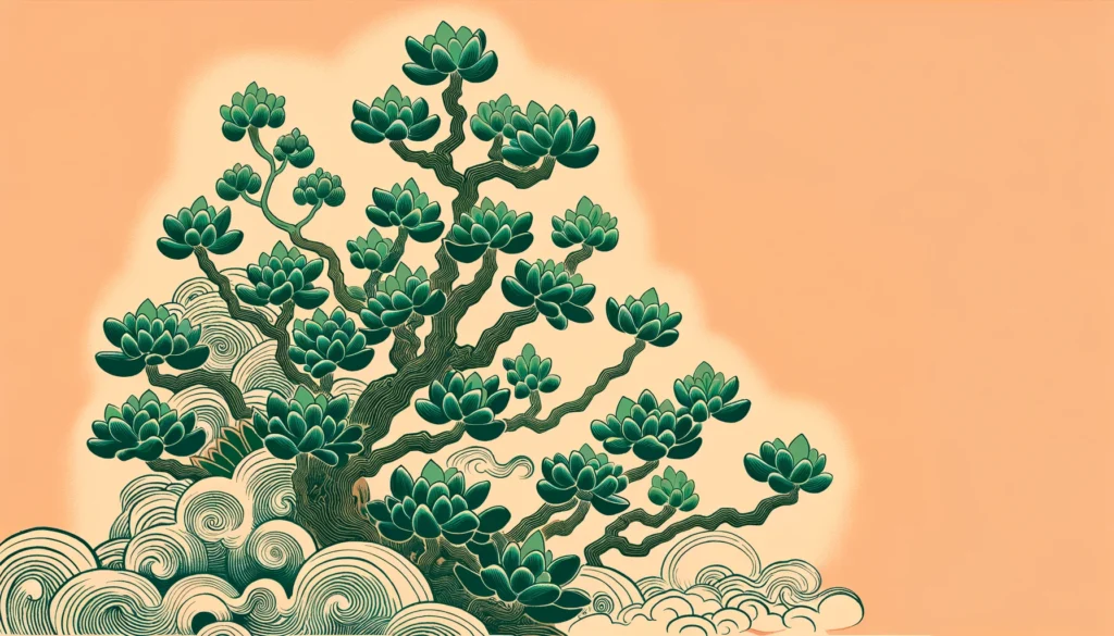 Ukiyo-e style illustration of a Chinese Jade plant with a soft peach background.
