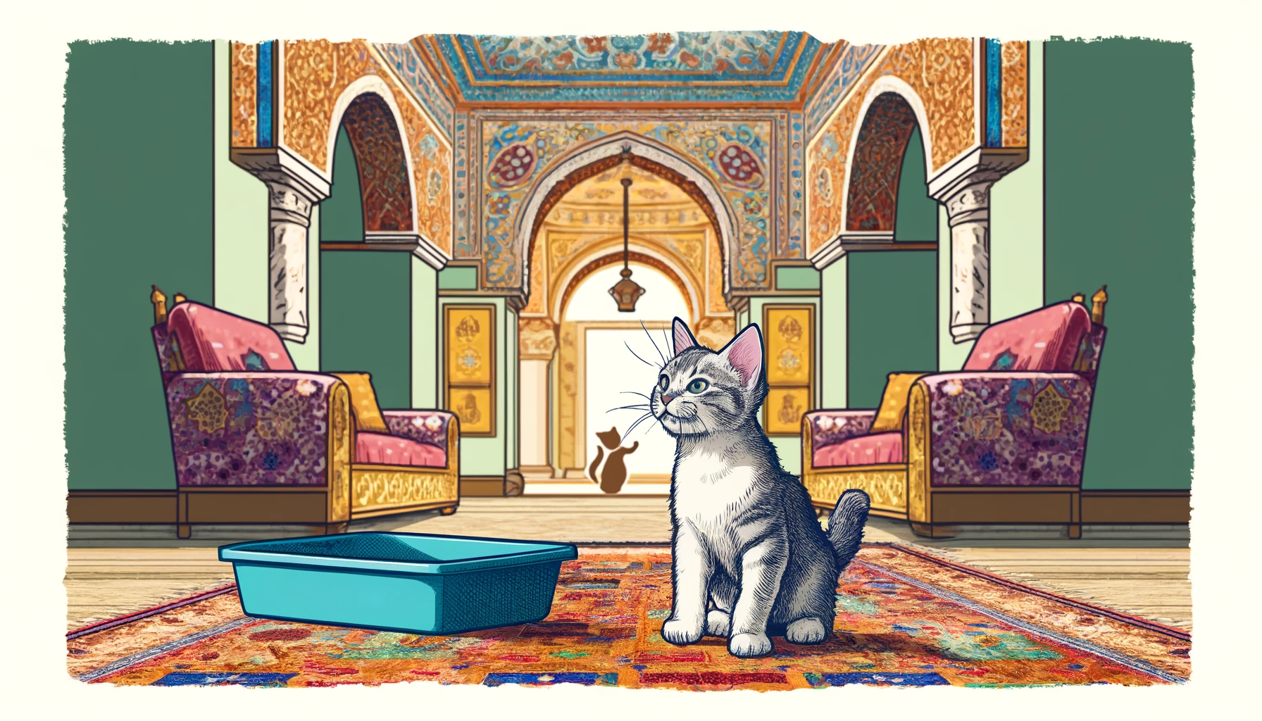 Cartoon depiction of a cat sensing how far away its litter box is in an Ottoman art styled room.