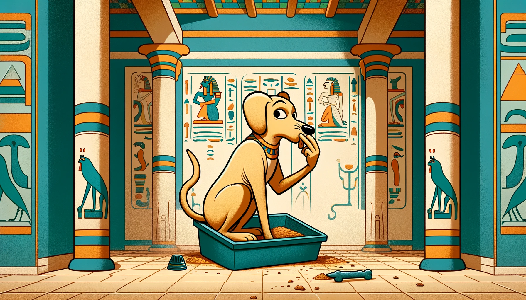 Cartoon dog quietly eating cat poop in an Egyptian Ptolemaic setting.