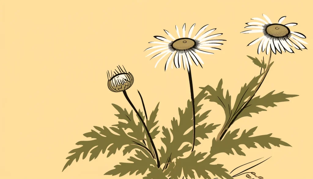 Ukiyo-e style illustration of a Chamomile plant with a creamy background.