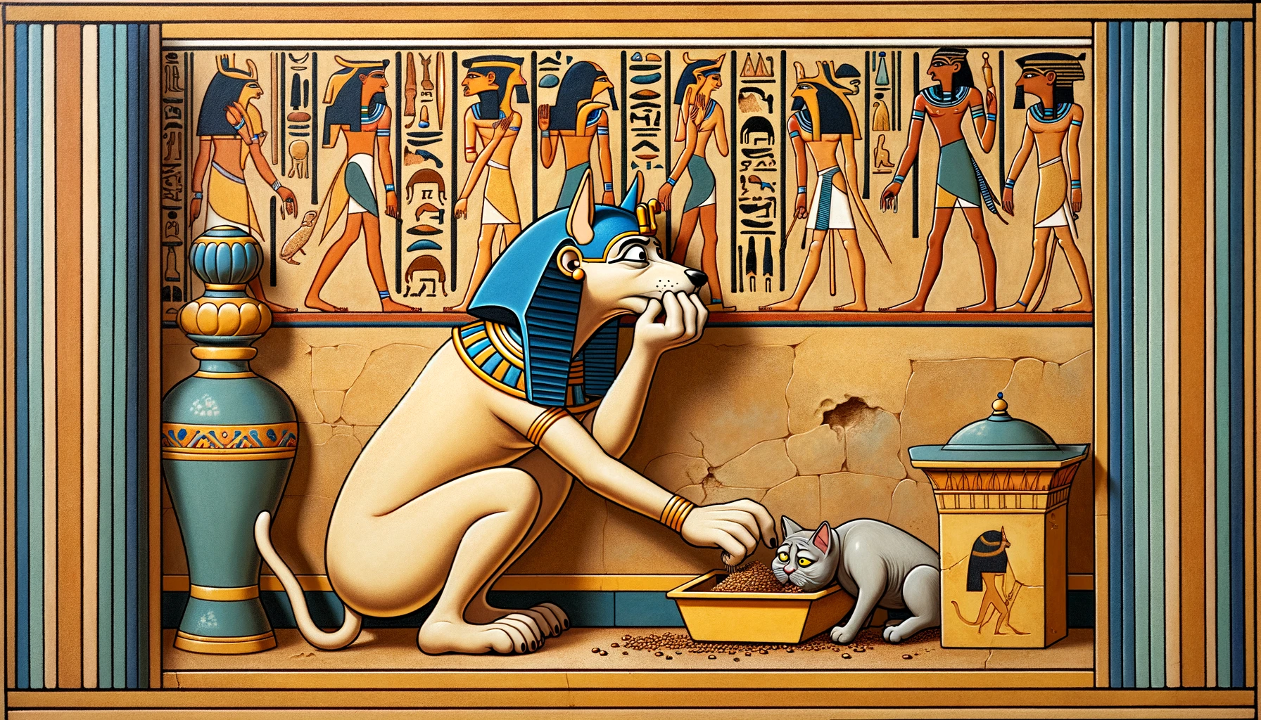 Dog discreetly eating from a cat's litter box in Egyptian Ptolemaic art style.
